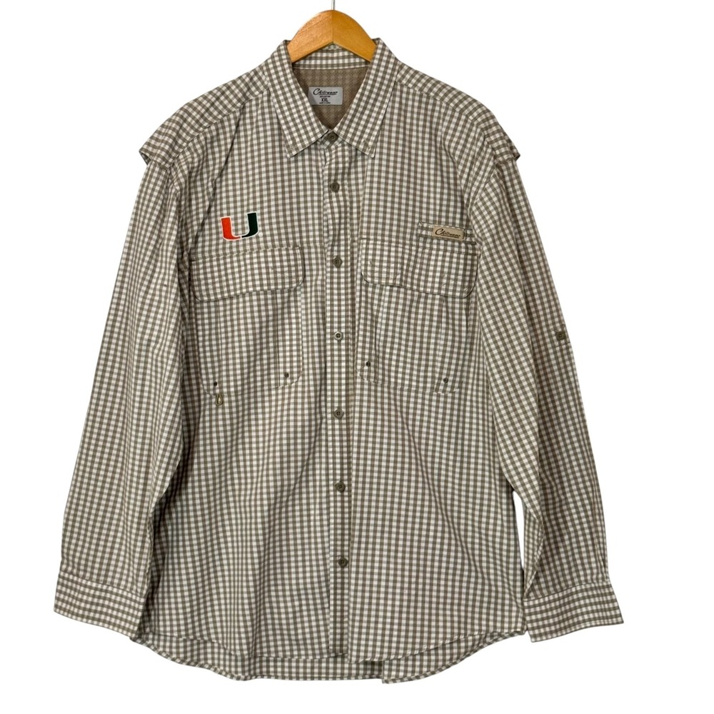 Chiliwear Fishing Shirt Men's XXL Beige Plaid Miami Hurricanes Cotton Vented‎